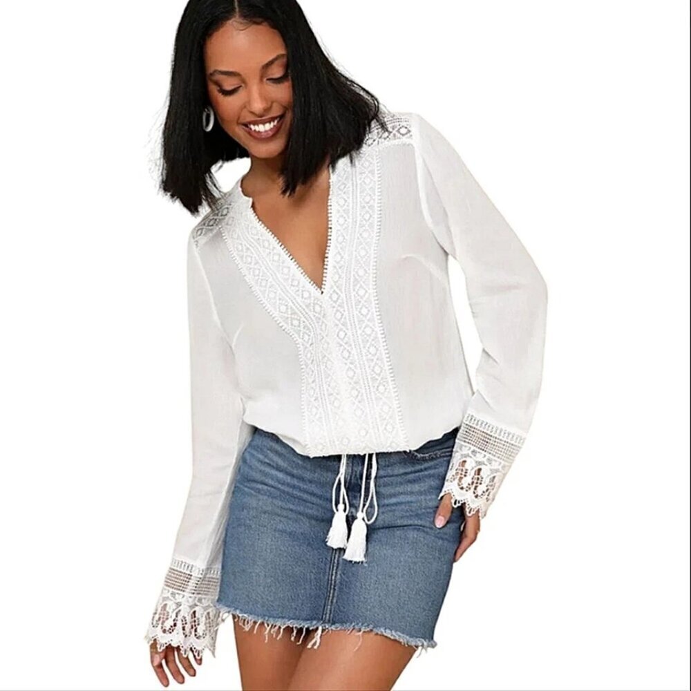 Lulus Bali Daydream Boho Chic White Crochet Lace Long Sleeve Top
